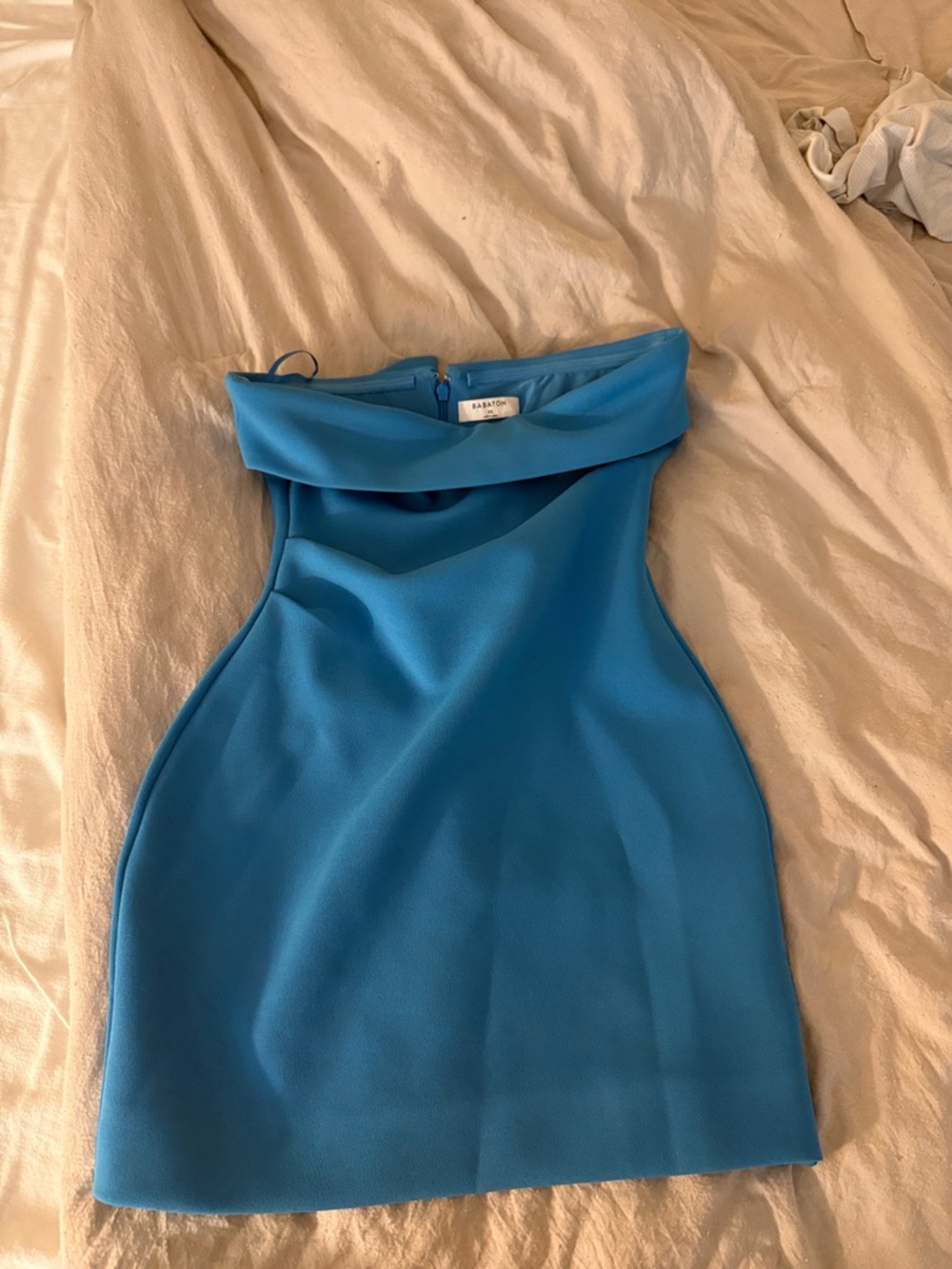 Babaton Bright Blue Strapless Foldover Mini Dress